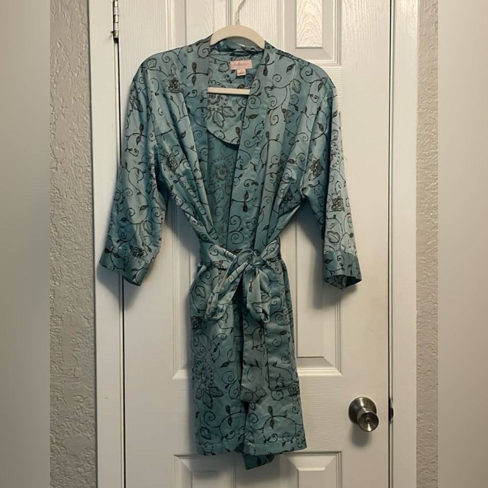 Vintage Cabernet Robe w/ Pockets, Teal w/ Brown Floral Design, Size Large